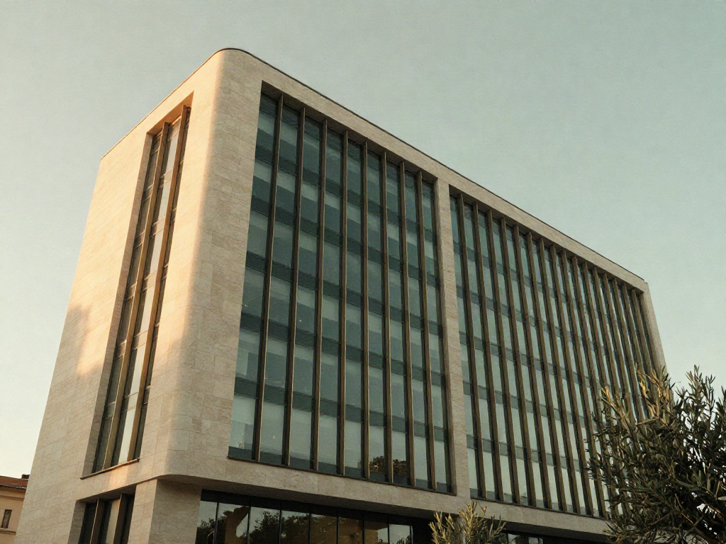 Sculptural limestone and green-glass business headquarters viewed from a fresh perspective